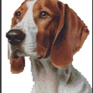 May include: A cross-stitch depiction of a dog's head, using brown, white, and black thread. The dog has brown eyes, a brown ear, and a white and brown face. The image is framed with a black border.