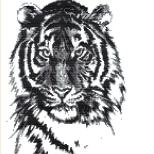 May include: Black and white pixelated image of a tiger's face. The tiger's face is centered, with detailed stripes and facial features. The image is a close-up, showcasing the tiger's eyes, nose, and mouth.
