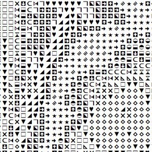 May include: A monochrome pattern featuring an array of geometric shapes such as squares, triangles, hearts, arrows, and stars. The design is arranged in a grid, forming a complex and abstract visual pattern.