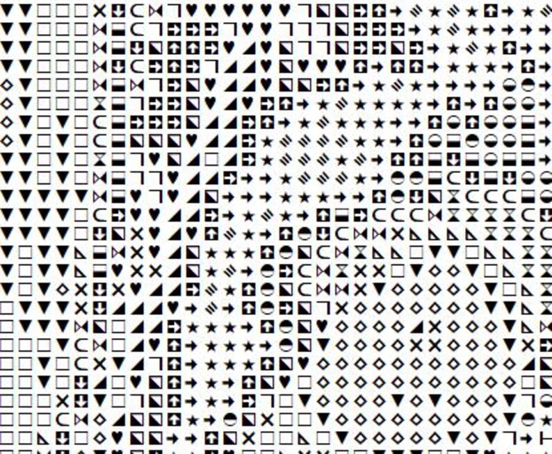 May include: A monochrome pattern featuring an array of geometric shapes such as squares, triangles, hearts, arrows, and stars. The design is arranged in a grid, forming a complex and abstract visual pattern.