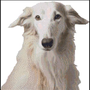 May include: A pixelated image of a dog, likely a Borzoi, with a white and light brown coat. The dog's face is the focal point, with its dark eyes and nose clearly visible. The dog's ears are long and floppy.