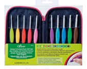 CLOVER AMOUR crochet hooks with zippered case. This Gift Set has 10 Ergonomic Hooks Sizes B-J in a Lime Green Case exterior pouch 3673
