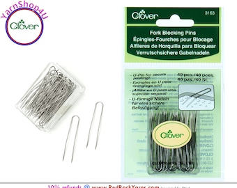 40 Stainless Steel Fork Blocking Pins. U-shape pins in a Reusable clear acrylic box. For Wet and Steam blocking. Clover #3163