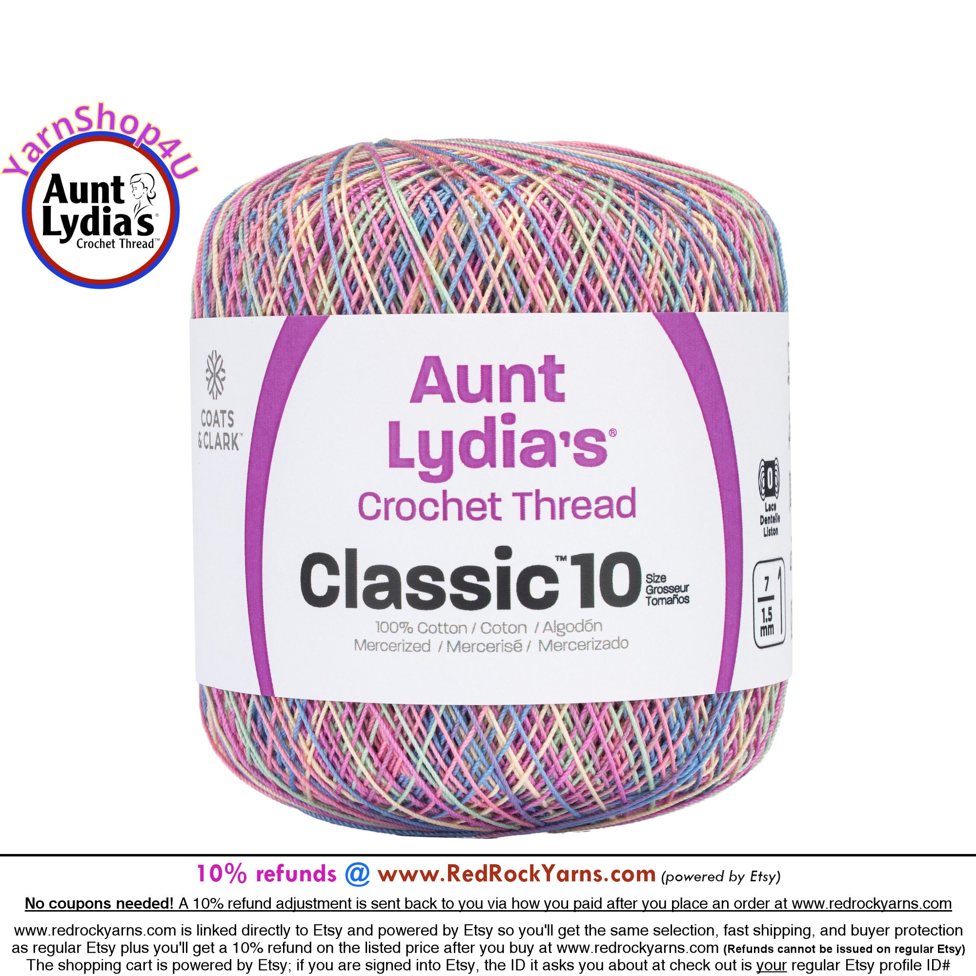 PASTELS VARIEGATED - Aunt Lydia's Classic 10 Crochet Thread. 300yds. Item  #154-0465