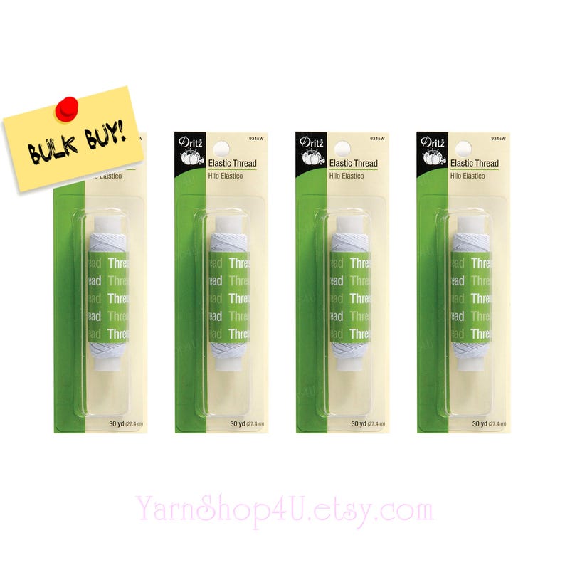 May include: Four identical packages of Dritz white elastic thread, each containing 30 yards of material. The packaging features a green and white design with the text Elastic Thread and Hilo El&aacute;stico, and a yellow note reading BULK BUY.