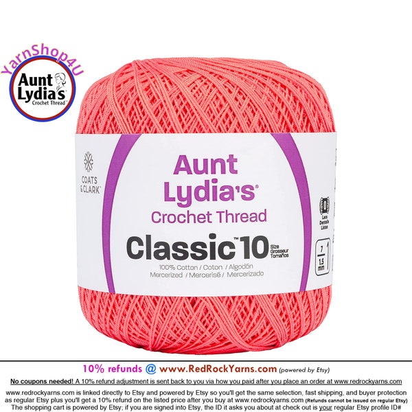 BRIGHT CORAL - Aunt Lydia's Classic 10 Crochet Thread. 350yds. Item #154-0672