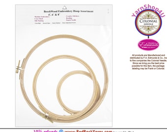 3 Piece Beechwood Hoop Set. 1 Each in Sizes 4", 6" & 8" Frank A Edmunds and Colonial Needle; Package Labeling varies.