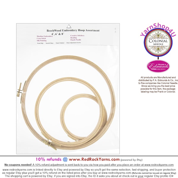 3 Piece Beechwood Hoop Set. 1 Each in Sizes 4", 6" & 8" Frank A Edmunds and Colonial Needle; Package Labeling varies.
