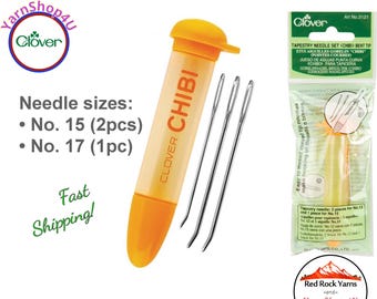Darning Needle Set (Bent Tip) by Clover with screw top case. For weaving, and sewing with yarn. Art No 3121