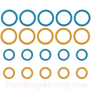 May include: A collection of blue and orange circular stitch markers in various sizes. The stitch markers are arranged in rows and columns, with the Etsy shop URL at the bottom.