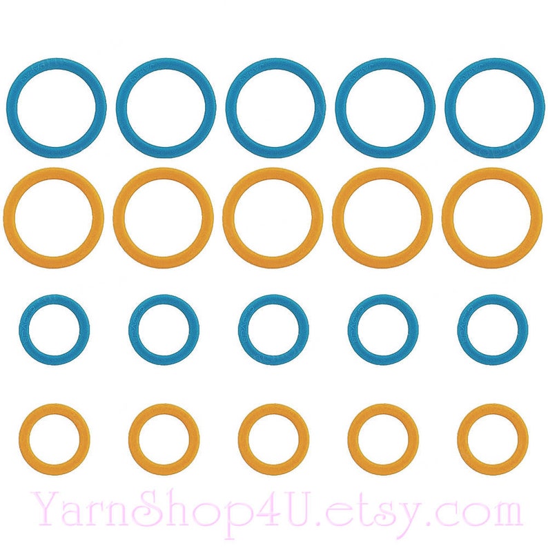 May include: A collection of blue and orange circular stitch markers in various sizes. The stitch markers are arranged in rows and columns, with the Etsy shop URL at the bottom.