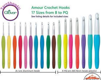 17pc Clover Amour Crochet Hooks sizes B-PQ with soft ergonomic handles. 10 Aluminum and 7 ABS. Great value compared to buying separate!