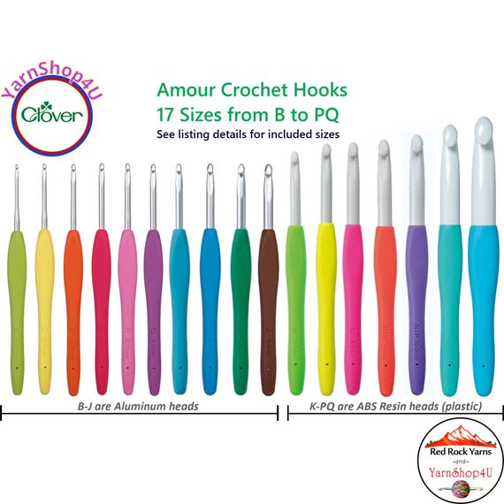 17pc Clover Amour Crochet Hooks sizes B-PQ with soft ergonomic handles. 10 Aluminum and 7 ABS. Great value compared to buying separate!