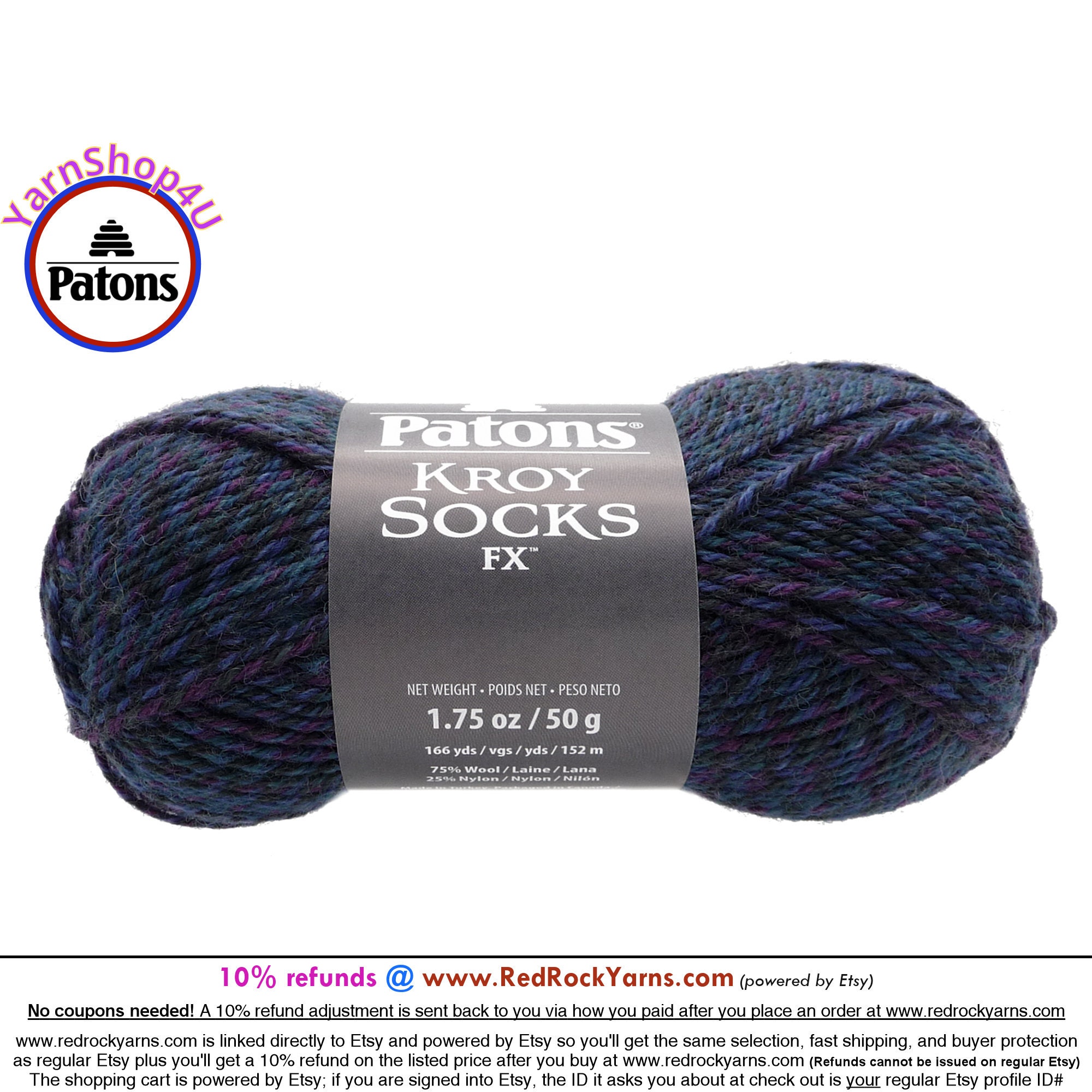 MIDNIGHT COLORS - Patons Kroy Socks FX Yarn is 1.75oz, 166yds Super Fine  Weight (1) Sock Yarn. A Blend of 75/25% Wool/Nylon (50g