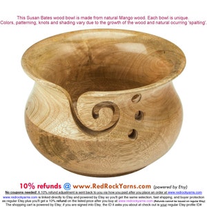 Mango Wood Yarn Bowl. Small Susan Bates Yarn Holder with swirl and 3 holes. 4.25" wide 3.5" deep. WOOD SHADES VARY!