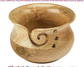 Mango Wood Yarn Bowl. Small Susan Bates Yarn Holder with swirl and 3 holes. 4.25" wide 3.5" deep. WOOD SHADES VARY!