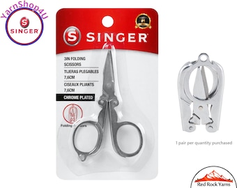 SINGER FOLDING SCISSORS. Chrome-plated steel scissors. Compact design. Tips protected when folded. Great for your traveling craft bag. #151