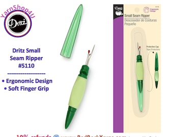 Dritz Small Seam Ripper. Ergonomic design with Soft finger grip. 4" long with cap on bottom. Item #5110