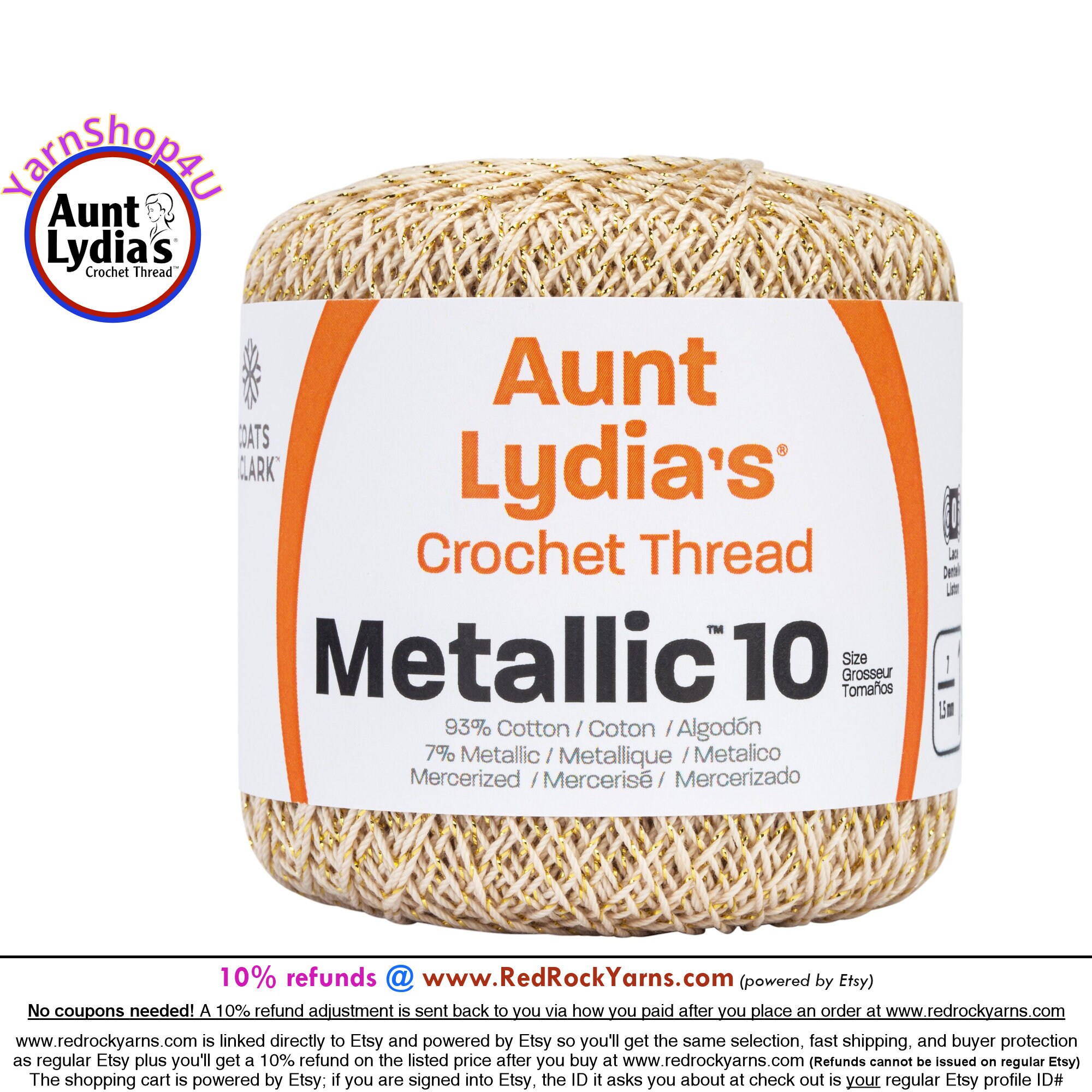 Aunt Lydia's Metallic Crochet Thread Size 10-Natural & Gold, 1