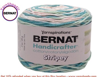 JADE BISQUE - Self Striping Cotton Yarn. Bernat Handicrafter Cotton Stripey is 130 yards / 3 oz (85g/119m). Medium Worsted #4. Color #15008
