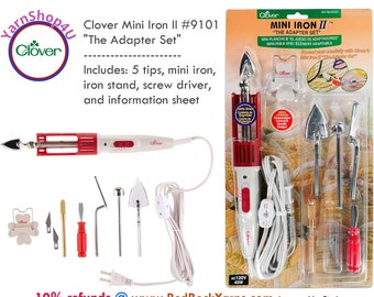 Clover Mini Iron II The Adapter Set includes 5 tips, iron, stand. For Quilting, applique work, doll clothes, etc. SKU 9101