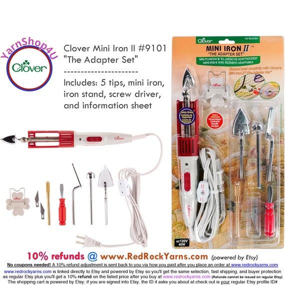 Clover Mini Iron II the Adapter Set Includes 5 Tips, Iron, Stand. for  Quilting, Applique Work, Doll Clothes, Etc. SKU 9101 