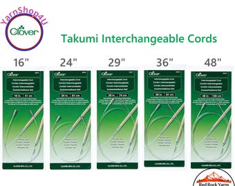 Clover Interchangeable Cords make a totally length of 16", 24", 29", 36", 48" Use w/ Takumi Bamboo Needle Tips SKU 3645 3646 3647 3648 3649