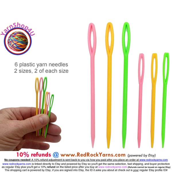 6 plastic yarn needles. 3 of each size: large and regular. Good for bulky and medium weight yarn.