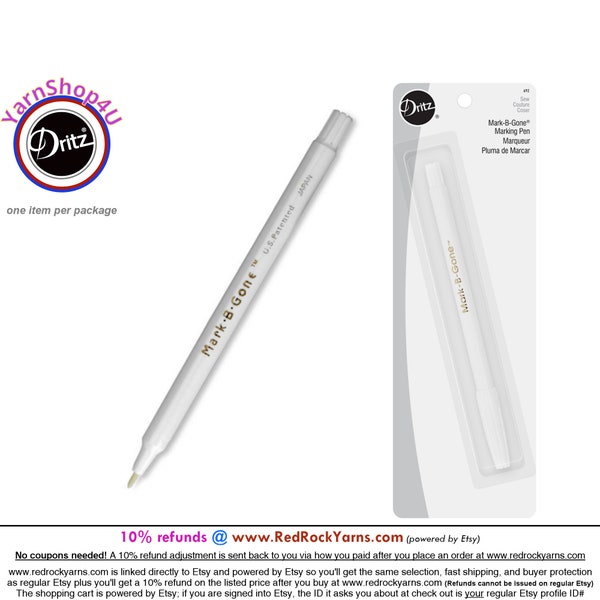White Dritz Mark-B-Gone Fabric Marking Pen. 1 White fabric marking pen per package for dark fabrics. Water Soluble Ink. Dritz #692