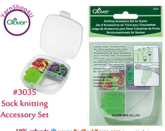 Knitting Accessory Set for Socks. Includes 2 types of stitch markers (30 total), 2 DPN protectors, and 2 darning needles. Clover 3035