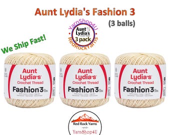 BRIDAL WHITE Fashion 3 Size Aunt Lydia Crochet Thread. One 3 Pack of Aunt Lydia's Fashion 3 Crochet Thread. 3 balls/150yd ea. Item #182.0926