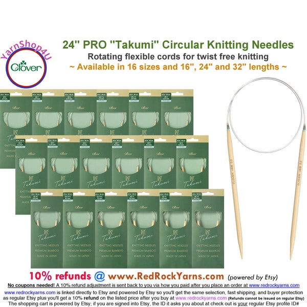 Clover PRO 24 inch Takumi Bamboo Circular Knitting Needles. [24"(60cm)] Bamboo Knitting Needles. (Also sold in 16" and 32" cords)