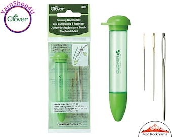 Darning Needle set by Clover with screw top case. Features 3 needle sizes for weaving, and sewing with yarn. Art No 339