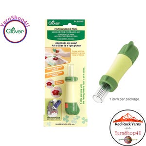 May include: A felting needle tool by Clover, with a green and yellow handle. The package includes the text "Felting Needle Tool" and "Appliqués are easy!" The tool is designed for attaching appliqués to knits.