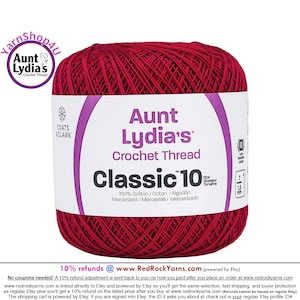 CARDINAL RED - Aunt Lydia&#39;s Classic 10 Crochet Thread. 350yds. Item #154-0196