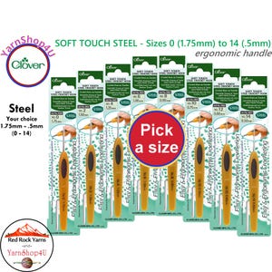 SOFT TOUCH STEEL Clover Crochet hooks. Ergonomic soft grip for fine threads and jewelry making. Available in 8 sizes 0-14 (1.75mm-.5mm)