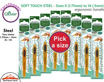 SOFT TOUCH STEEL Clover Crochet hooks. Ergonomic soft grip for fine threads and jewelry making. Available in 8 sizes 0-14 (1.75mm-.5mm)