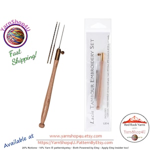 Lacis Tambour Embroidery Set. Wood Handle. Brass needle grip. 3 Needles: #70 (fine), #90 (medium), #120 (large). LB34