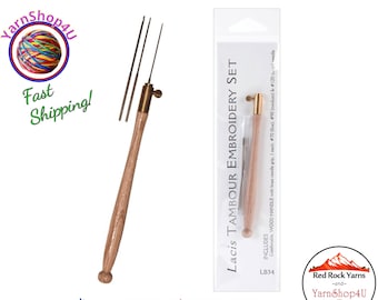 Lacis Tambour Embroidery Set. Wood Handle. Brass needle grip. 3 Needles: #70 (fine), #90 (medium), #120 (large). LB34