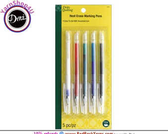 Dritz Quilting Heat Erase Marking Pens. 5 Color pack. Easy to use with household iron. White, Red, Green, Blue, Black. Dritz #3364