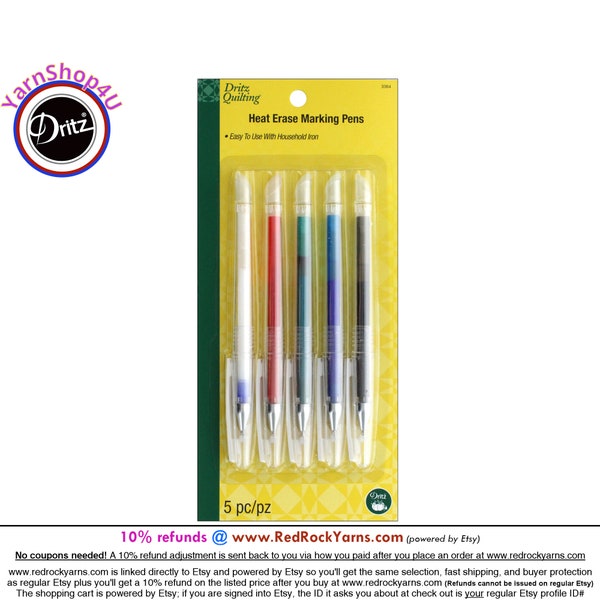 Dritz Quilting Heat Erase Marking Pens. 5 Color pack. Easy to use with household iron. White, Red, Green, Blue, Black. Dritz #3364