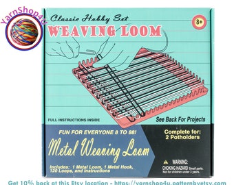 Retro Metal Weaving Loom. Includes 7" Metal Loom, 1 metal hook, 120 loops to make 2 potholders. Pepperell. Kid's Crafts. Age 8+ #RETK04
