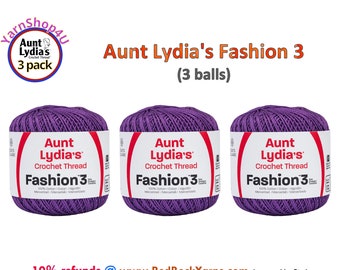 PURPLE Fashion 3 Size Aunt Lydia Crochet Thread. One 3 Pack of Aunt Lydia's Fashion 3 Crochet Thread. 3 balls/150yds each. Item #182.0531