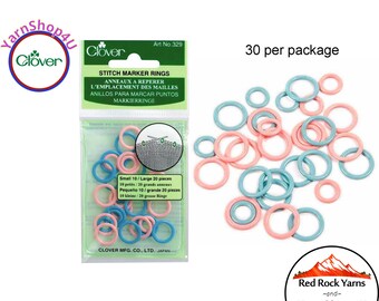 30pc Clover Stitch Ring Markers. 10 Small and 20 Large in a Vinyl Pouch. Pink and Blue. Closed Ring Stitch Marker. Smooth Non-flexible. #329