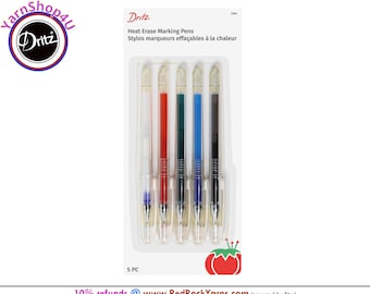 Dritz Quilting Heat Erase Marking Pens. 5 Color pack. Easy to use with household iron. White, Red, Green, Blue, Black. Dritz #3364