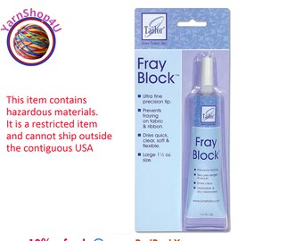 Fray Block, June Tailor. 1.5oz tube. Prevents unfinished fabric edges / serged threads from fraying. Dries clear. Can be washed and dried.
