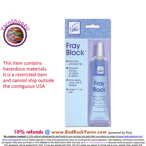 Fray Block, June Tailor. 1.5oz tube. Prevents unfinished fabric edges / serged threads from fraying. Dries clear. Can be washed and dried.