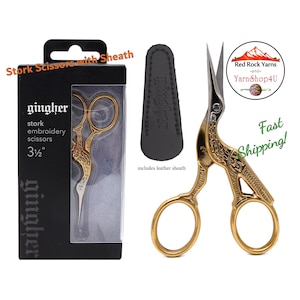 Gingher Stork Embroidery Scissors w/ sheath - 3.5" Slender straight blades with stunning gold double plated stork handles. Made in Italy
