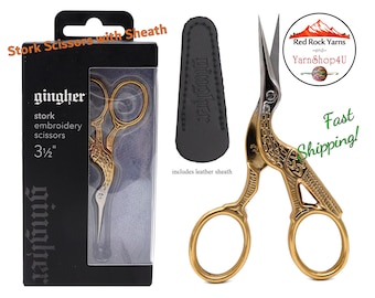 Gingher Stork Embroidery Scissors w/ sheath - 3.5" Slender straight blades with stunning gold double plated stork handles. Made in Italy