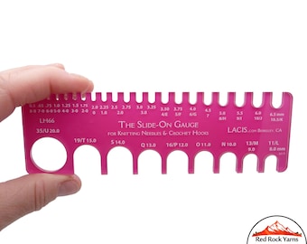The Slide On Gauge by LACIS for Knitting Needles & Crochet Hooks! Made in USA. Acrylic. Fuchsia color.